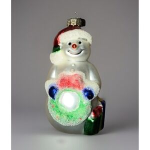 VTG Snowman With Wreath And Gifts Blown Glass Christmas Ornament 4" Length